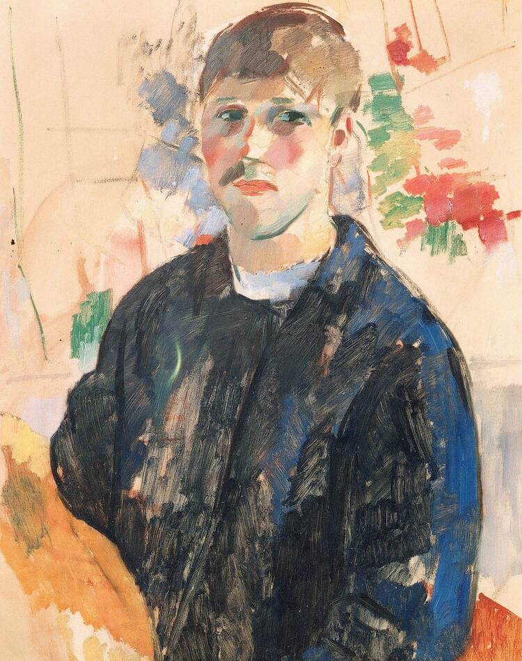 Een portret van een jonge man, in kleurrijke, losse verftoetsen geschilderd.