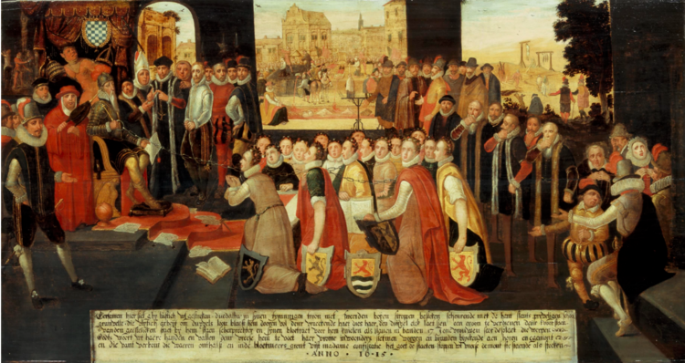 17de-eeuws schilderij. Rechts staan verschillende figuren, zoals een man in harnas op een troon en naast hem een man in rode gewaden. Centraal zijn er 17 jonge vrouwen in ketens afgebeeld.