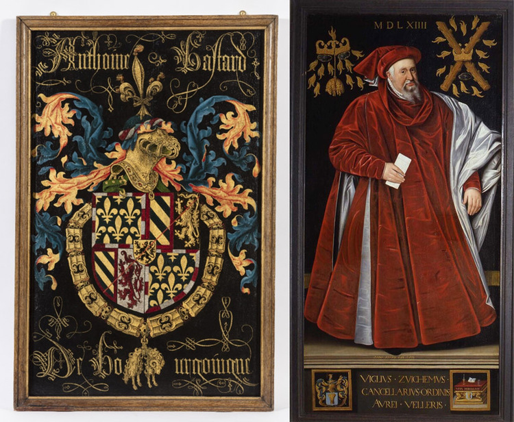 Twee schilderijen naast elkaar. Het linkse toont een ornaat wapenschild in fel blauw en gouden kleur. Op het rechtse schilderij staat een man in indrukwekkende rode gewaden met witte details.